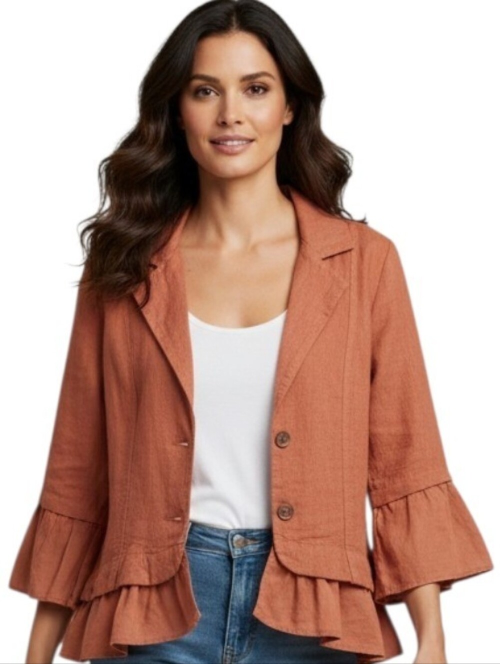 CP Shades Rust Linen Ruffle Blazer Jacket